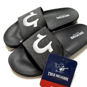 NWOB TRUE RELIGION Men Embroidered Fabric Sandal Slide Slate Gray